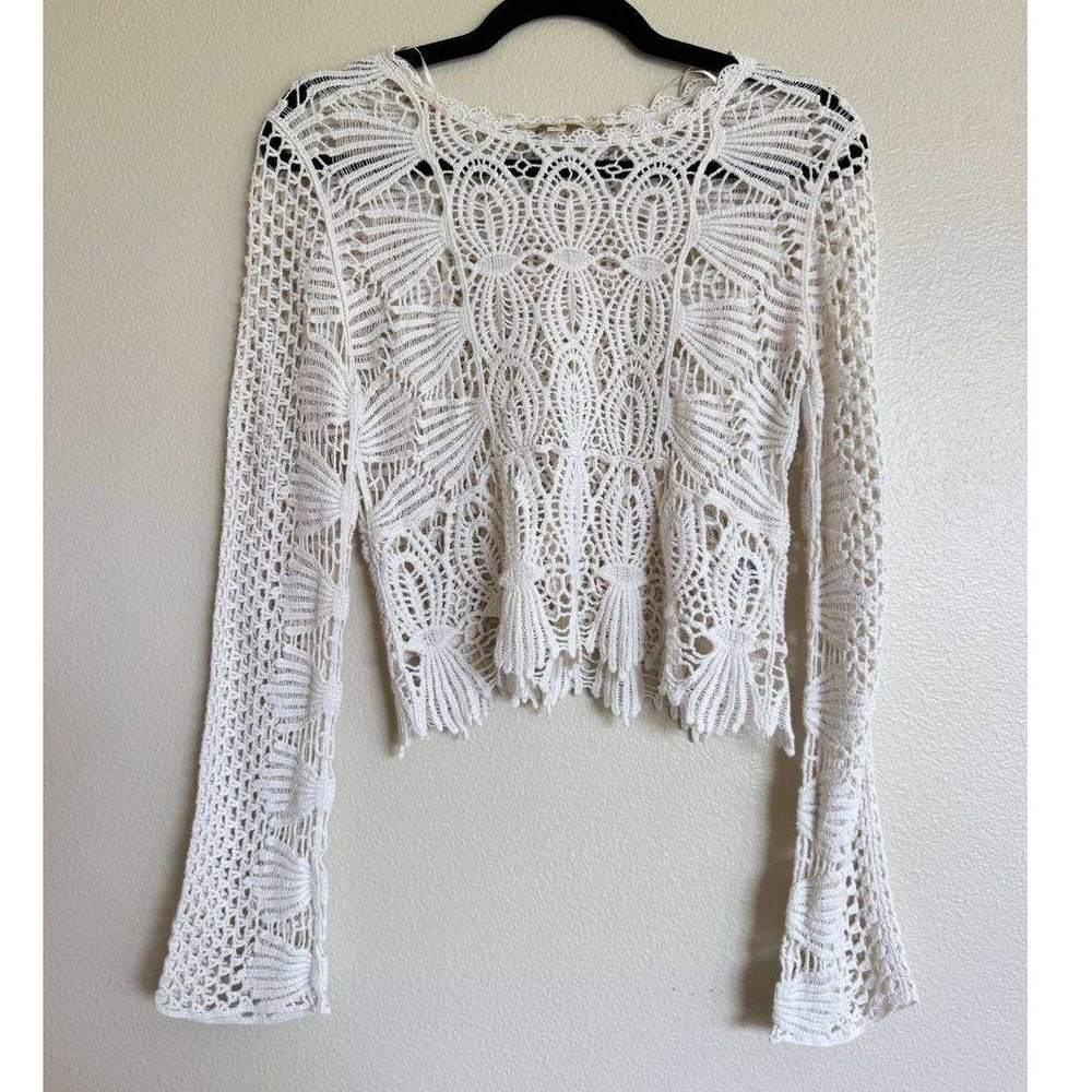 Rebellion Again White Crochet Bell Sleeve Top Boho Cottagecore Lace Y2K Western